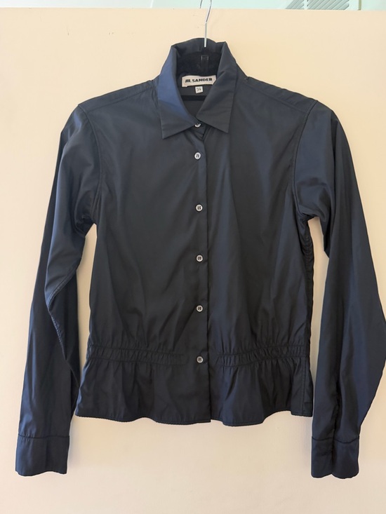 Jil Sander Tops - Jil Sander Black Button-Front Collared Nylon Blouse Gathered Waist